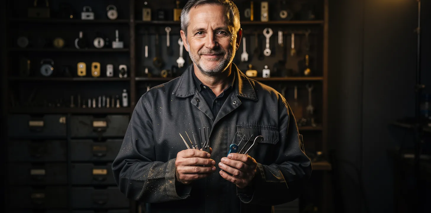 Artisan serrurier LeBonTrou avec ses outils de précision en atelier à Perpignan