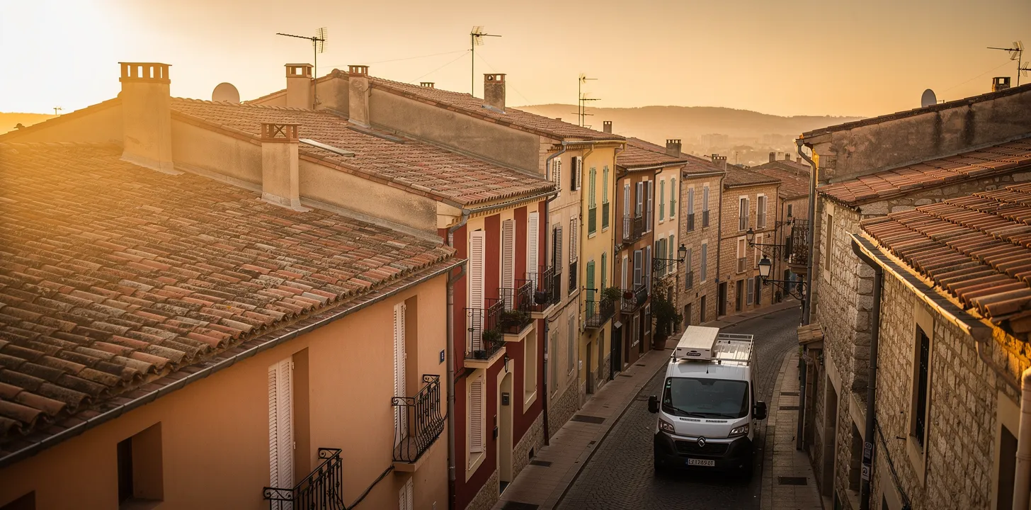 Toits et ruelle de la vieille ville de Perpignan au crépuscule, secteur d'intervention